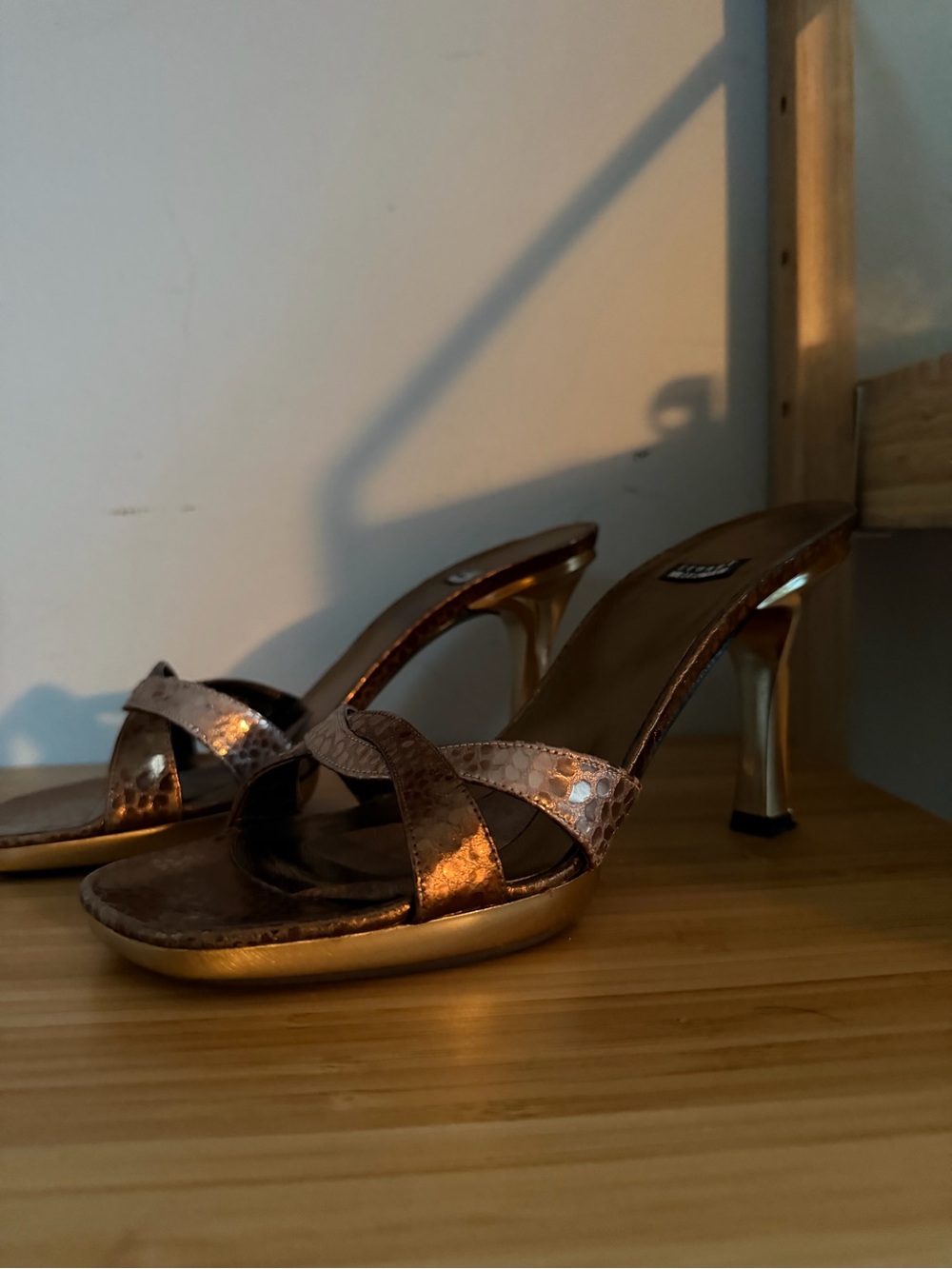 Stuart Weitzman Metallic Bronze Crisscross Snake-Texture Slide Heels